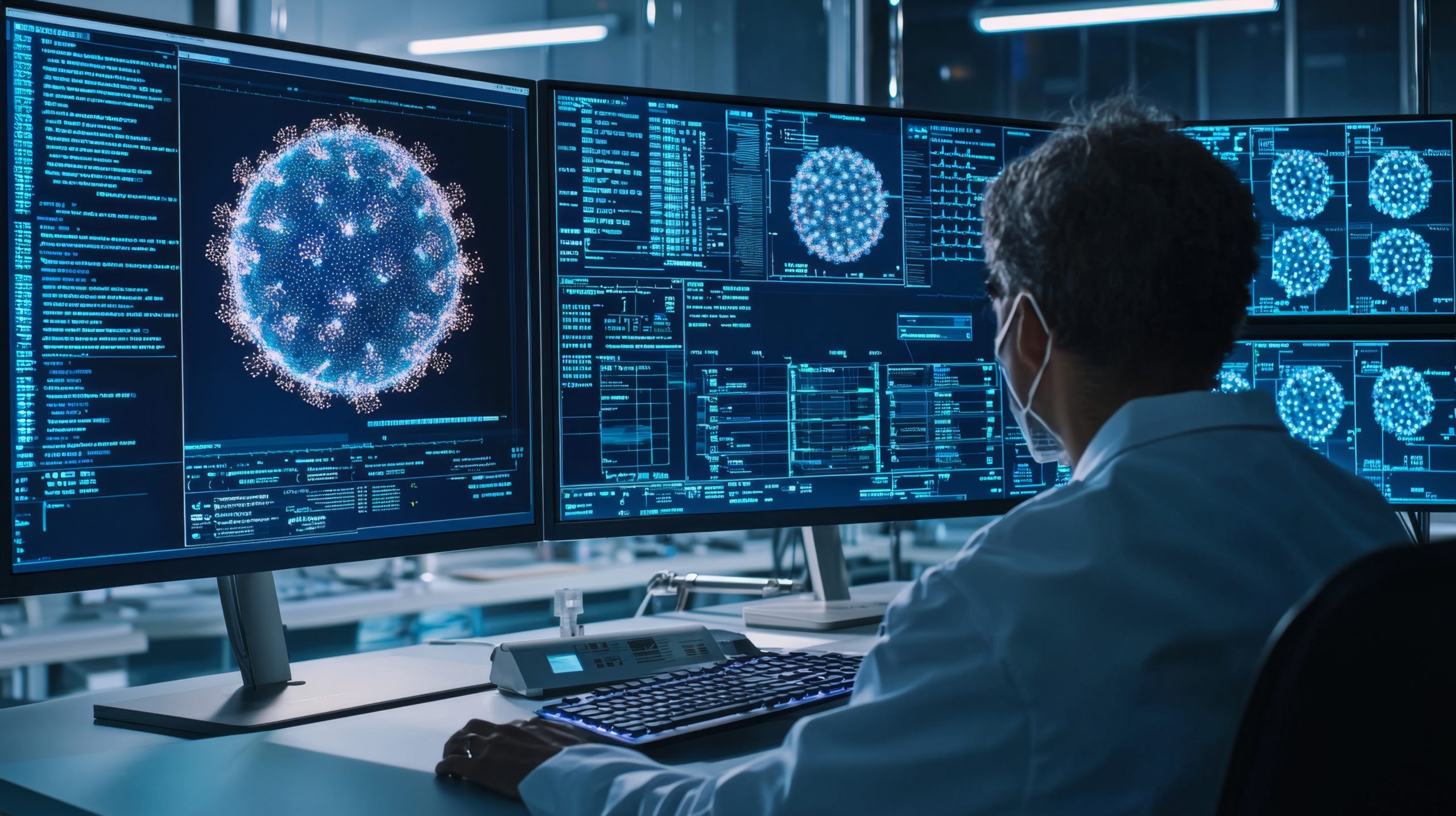 A health care professional reviews data and graphics via digital visualization on a computer screen